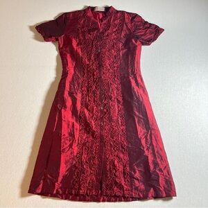 VTG Tangerine Jill 100% Silk Button Up Short Sleeve Dress- Metallic Red, Size 2